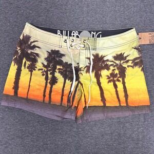 Billabong Women Palm Tree Swim Shorts Tropical Sunset Beach Drawstring Size 7